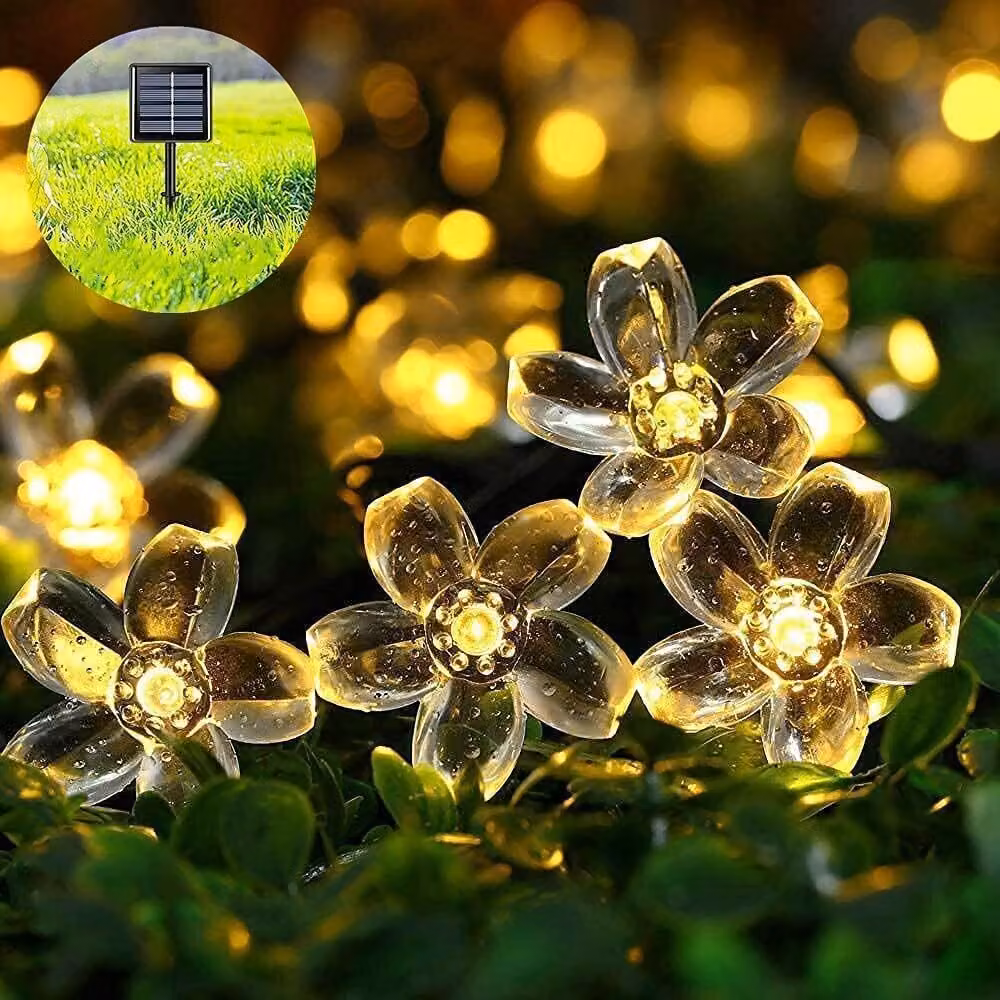Catena luminosa solare, luce calda, con LED a forma di fiore, 5 metri, modello E0267