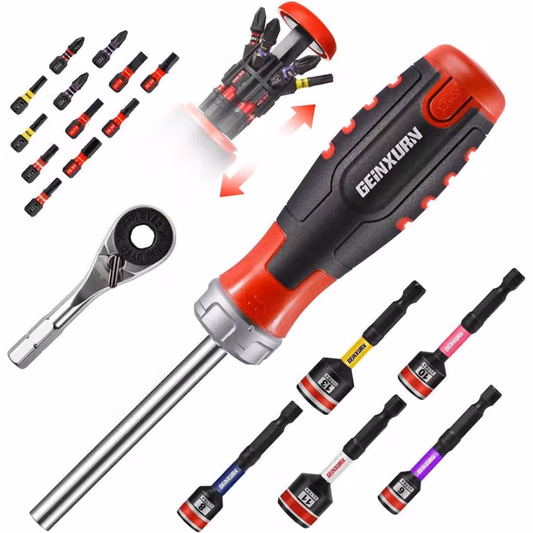 Cacciavite a ralla con supporto magnetico per inserti e set di 19 inserti e chiavi a bussola