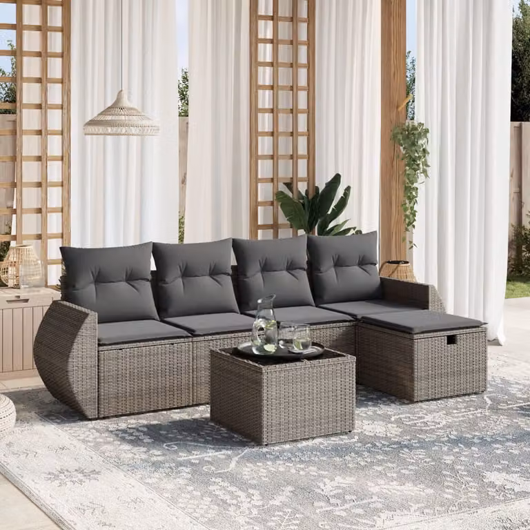 vidaXL Set Divano da Giardino a L 6 pz con Cuscini Grigio in Polyrattan e Struttura in Acciaio Verniciato a Polvere