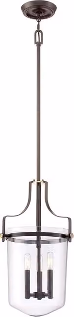 Lampadario a sospensione contemporaneo Quoizel Penn Station in metallo bronzo e vetro trasparente con 3 luci E14
