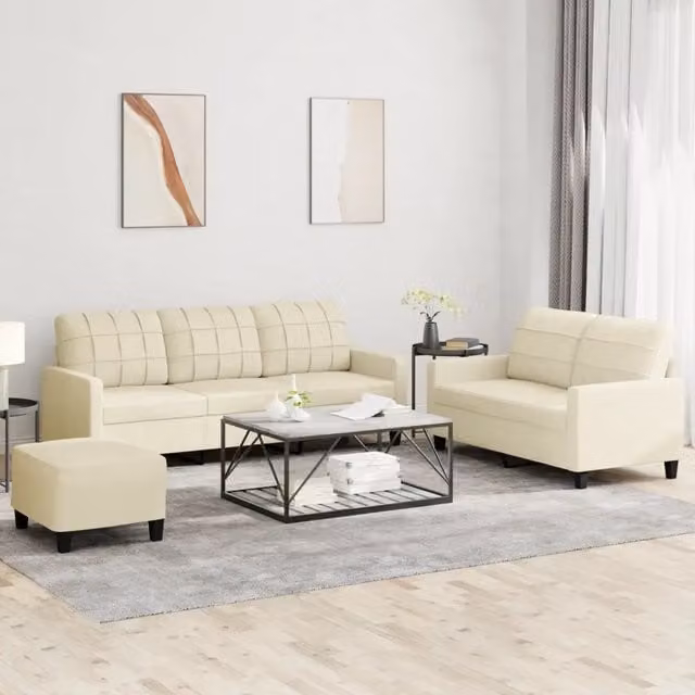 Set di divani moderno vidaXL in similpelle beige composto da divano a 3 posti, divano a 2 posti e pouf con cuscini inclusi