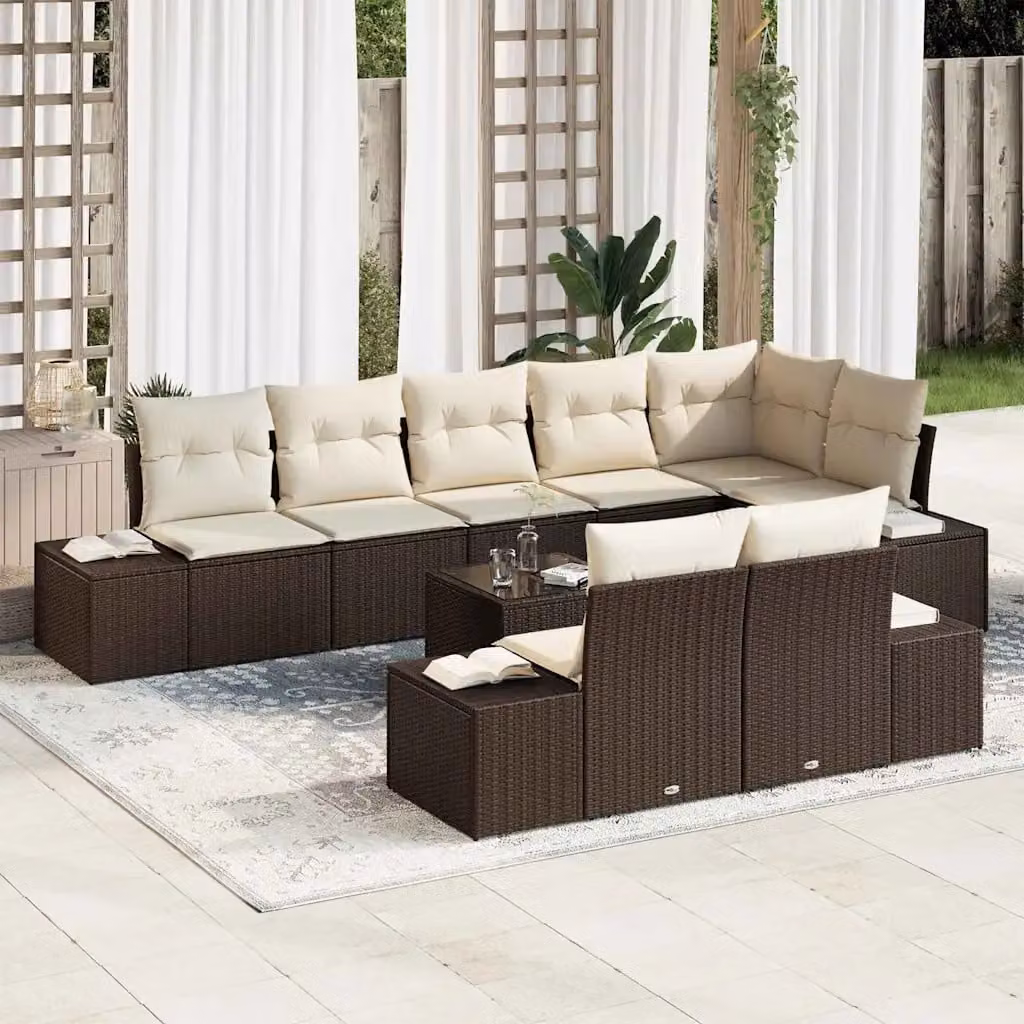 vidaXL Set Divano da Giardino 9 pz a Forma a U in Rattan Marrone e Beige con Cuscini e Tavolino – 1
