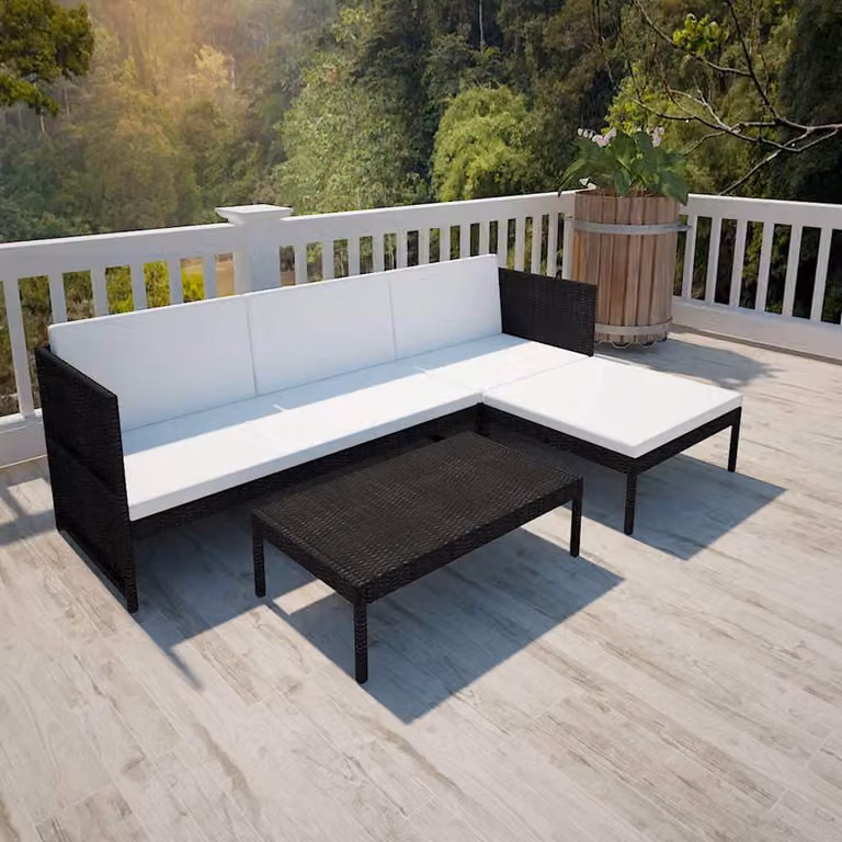 Set da giardino vidaXL composto da divano a L, tavolino e pouf con cuscini in rattan e struttura in metallo nero