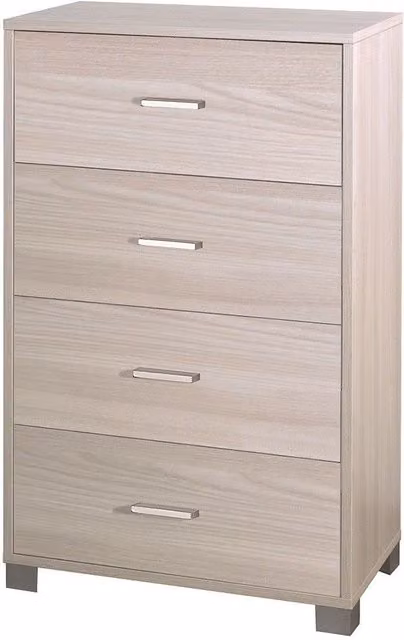 Cassettiera a 4 cassetti Sarmog con finitura olmo chiaro e dettagli beige, H112 x L70 x P41 cm