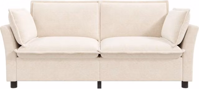 Divano a due posti con rivestimento in tessuto chenille beige, struttura in metallo, imbottitura con schiuma ad alta densità e molle a tasca, dimensioni 155x81x87 cm