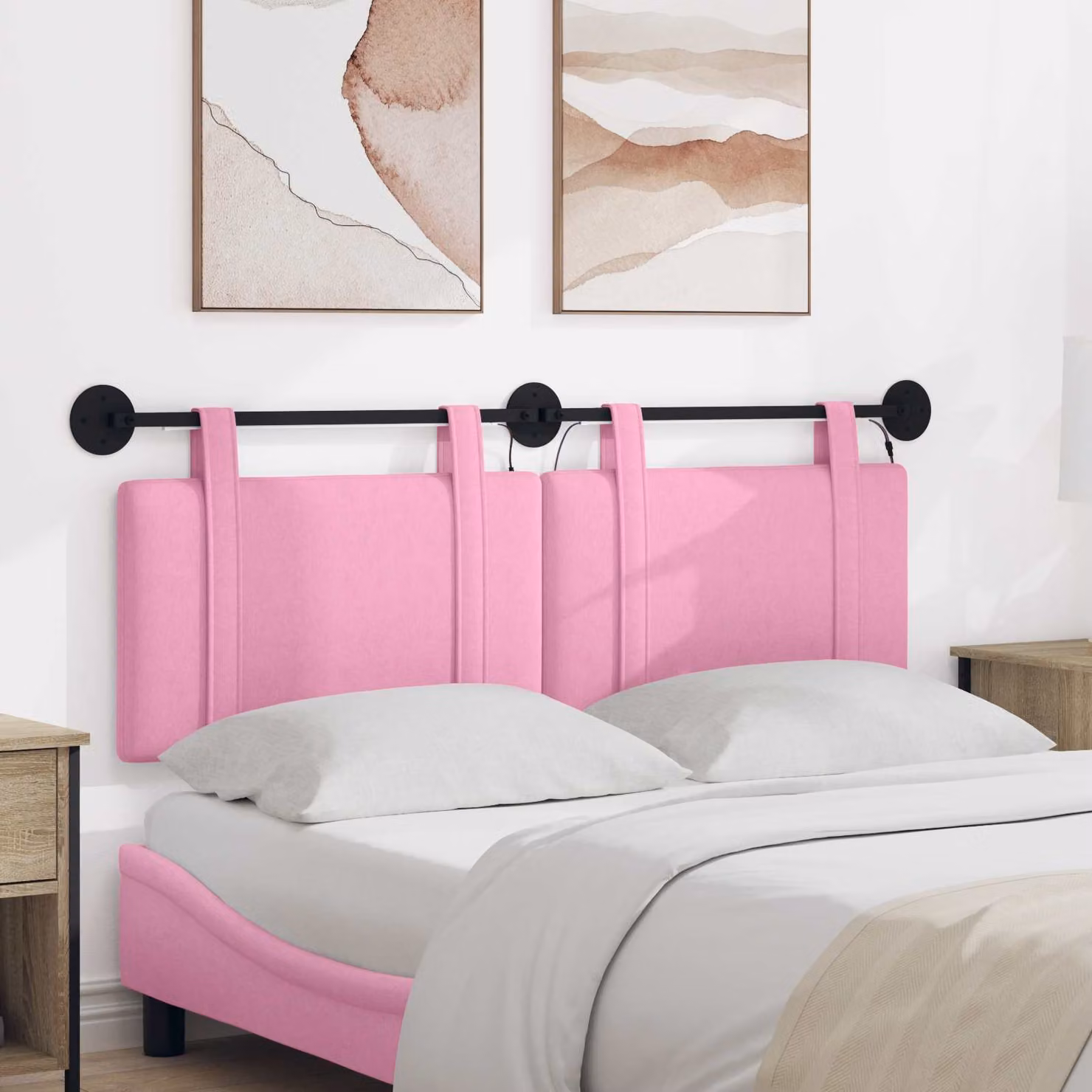 Testiera per letto sospesa vidaXL in tessuto rosa con illuminazione integrata e pannello imbottito, L: 130 cm, P: 5,5 cm, H: 55 cm