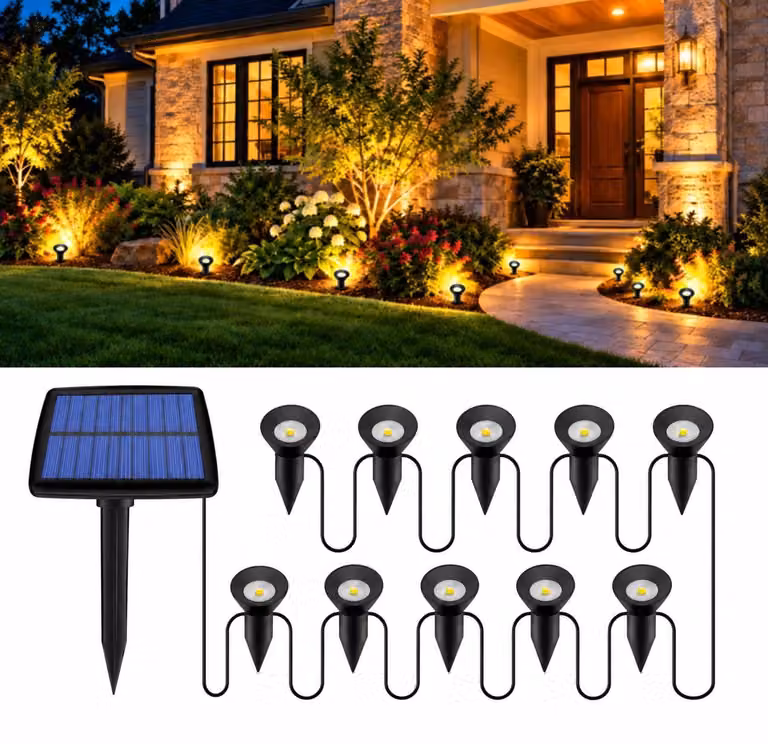 10 luci solari, luce bianco caldo (3000 K), grado di protezione IP44, con accensione automatica, ideali per illuminare vialetti e giardini