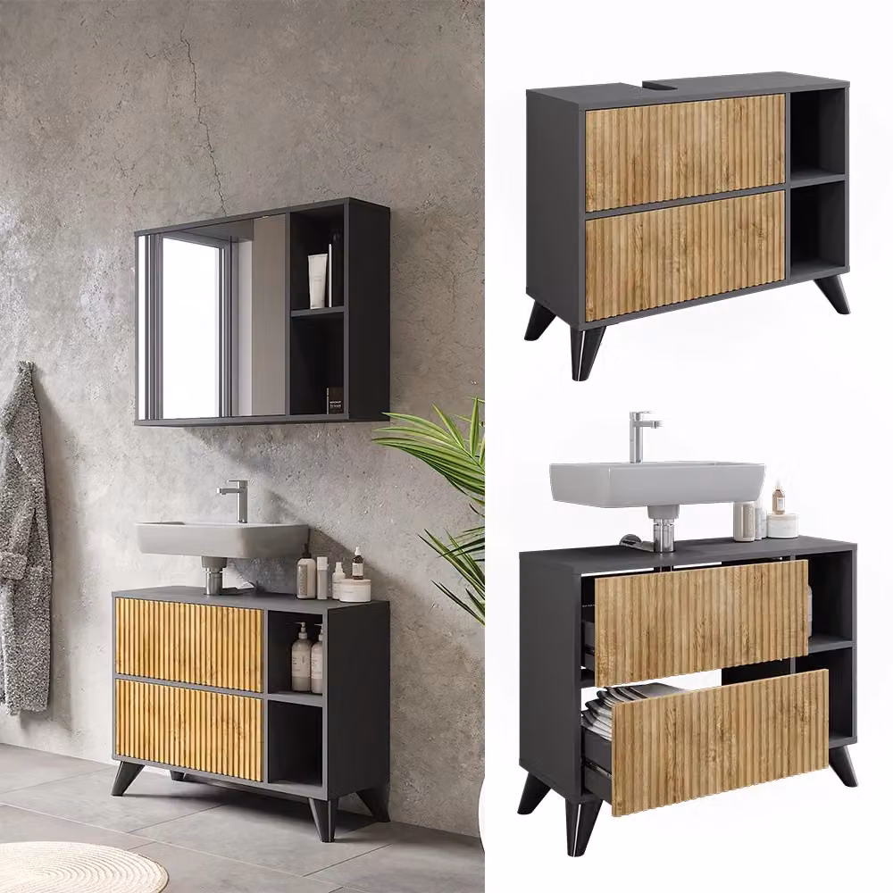 Mobiletto per lavabo Leano Vicco Antracite e Rovere con 2 cassetti L: 80 cm, P: 62 cm, H: 30 cm – 2