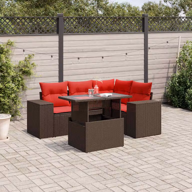 Set da giardino vidaXL in polyrattan marrone con 5 pezzi, composto da divano angolare a L, divano a 2 posti e tavolino da caffè con cuscini inclusi