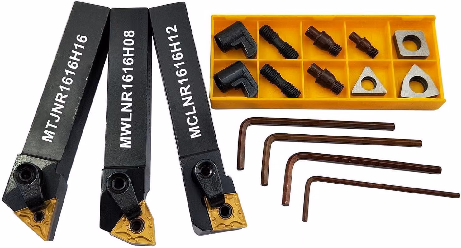 Set di utensili da taglio in metallo duro, composto da 3 pezzi, con inserti di metallo duro, attacco da 16x16 mm, per torni
