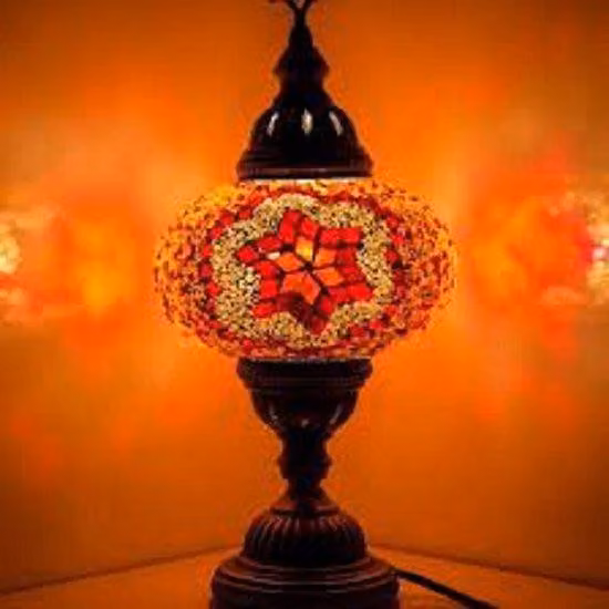 Lampada da tavolo turca con sfera in mosaico arancione da 13 cm – Lampada orientale realizzata a mano per una luce suggestiva
