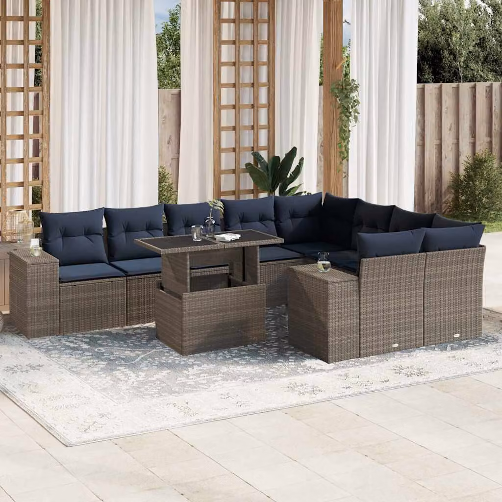 Set di divani da giardino vidaXL in polyrattan grigio con cuscini e tavolino da esterno a forma di U per 10 persone