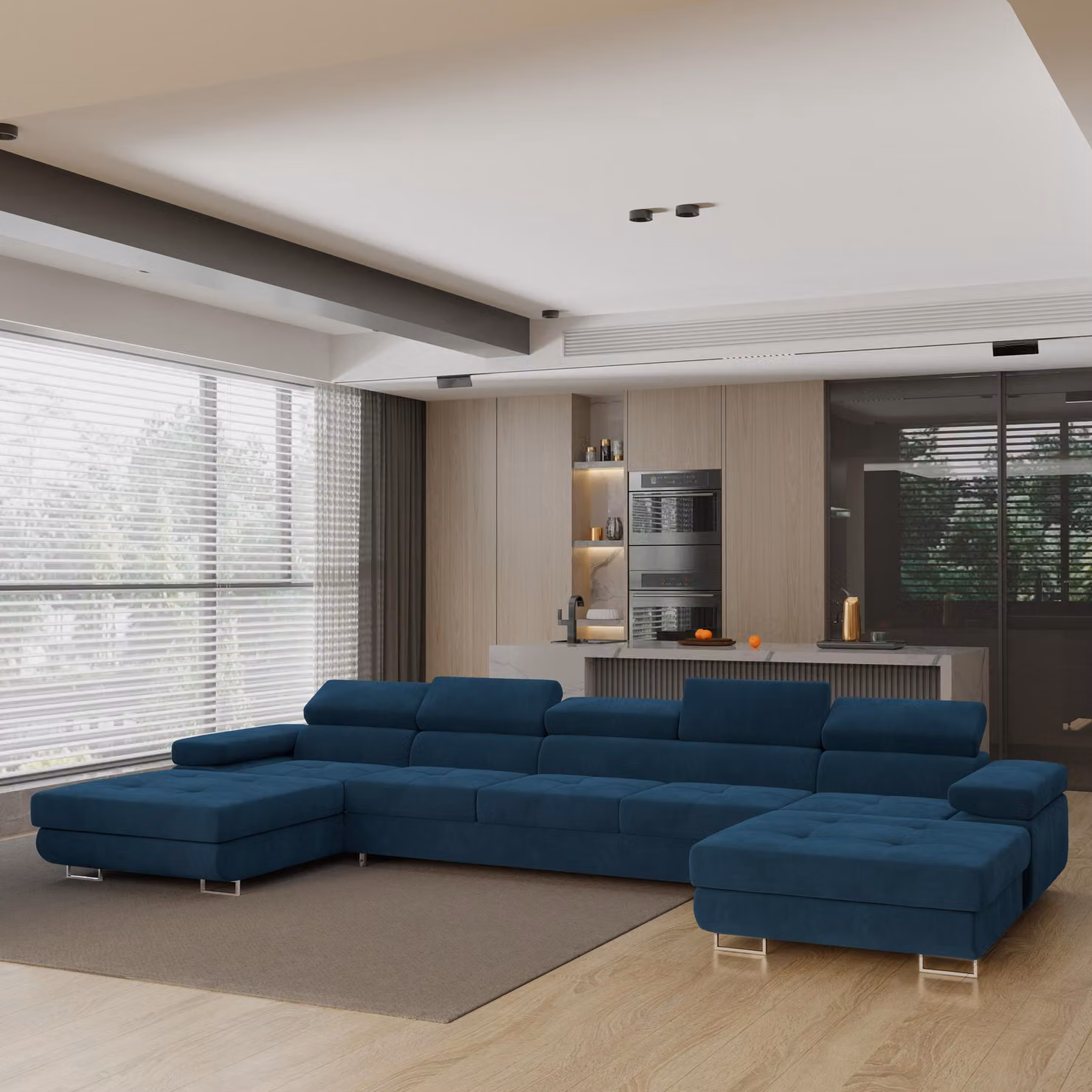 Divano angolare OMBRA di Masseno con funzione letto a U, divano con box letto, divano da salotto, divano, divano letto, set di divani - blu, MONOLITH 77