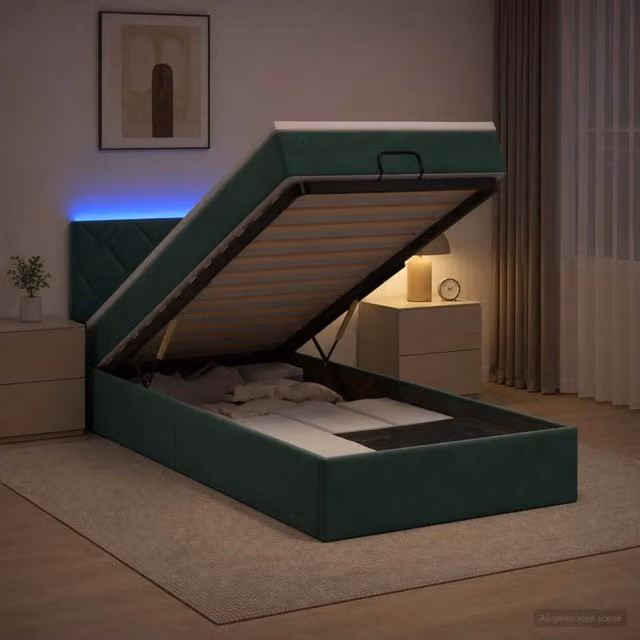 Letto Ottomano con Materasso e LED vidaXL in Velluto Verde, con Base a Sollevamento, Porte USB e Illuminazione Sotto il Letto, L/P/H: 203 x 80 x 88 cm – 1