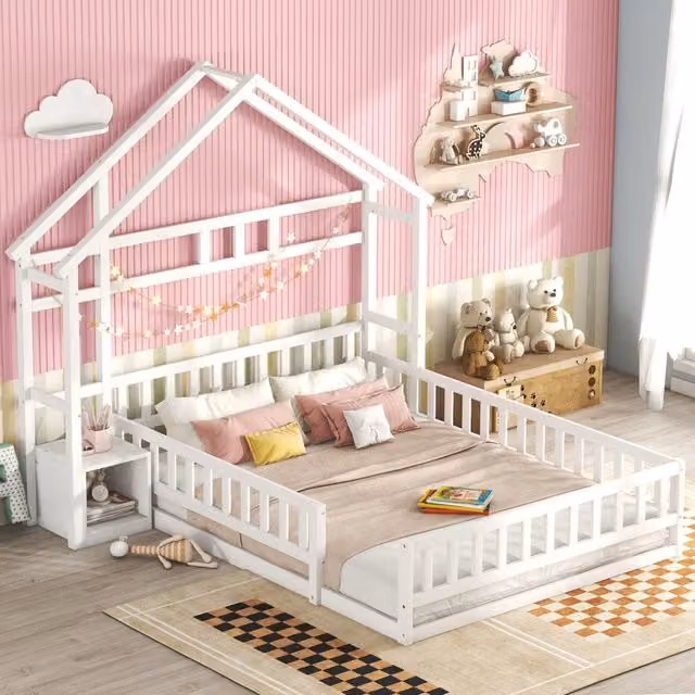 Letto per bambini 140x200 cm a forma di casa con sponde e comodino; bianco e grigio