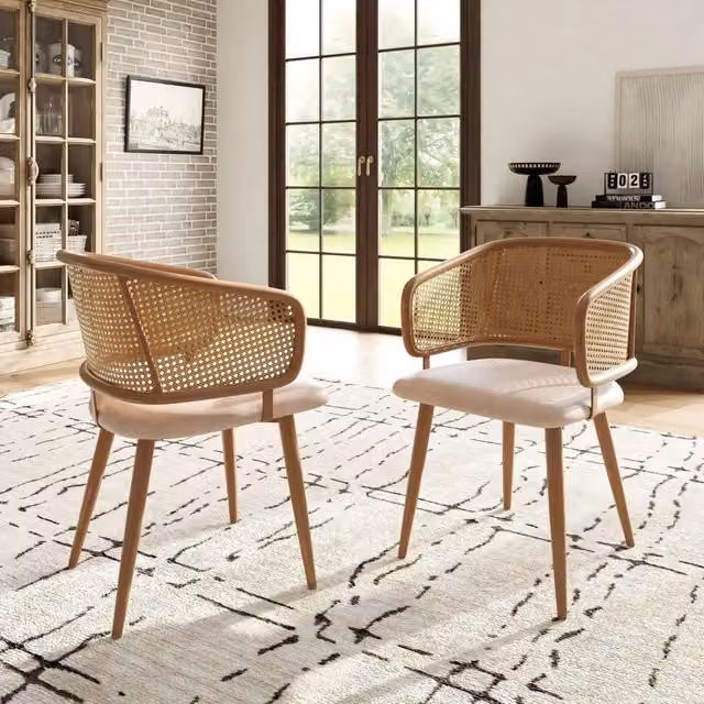 Set di 2 sedie da pranzo con schienale in rattan e seduta in PU beige e marrone