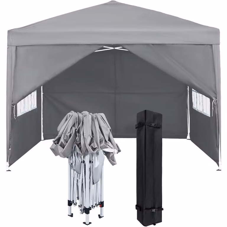 Gazebo da esterno di 2,5x2,5 metri con pannelli laterali e finestre, colore grigio, realizzato in poliestere impermeabile e resistente al vento