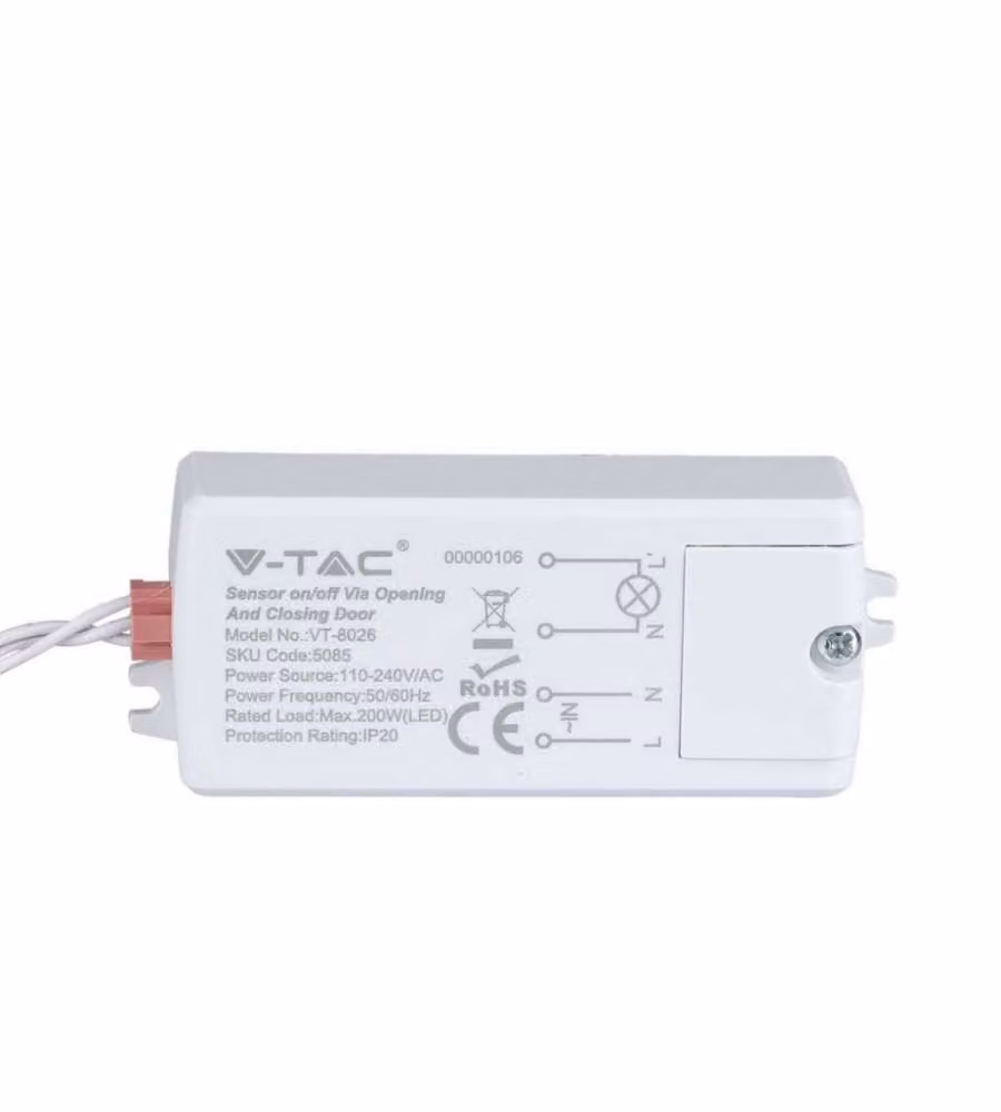 Sensore di Movimento a Infrarossi V-TAC Bianco con Attivazione tramite Apertura o Chiusura Porta (5-6cm), Angolo 30°, Max 200W, IP20