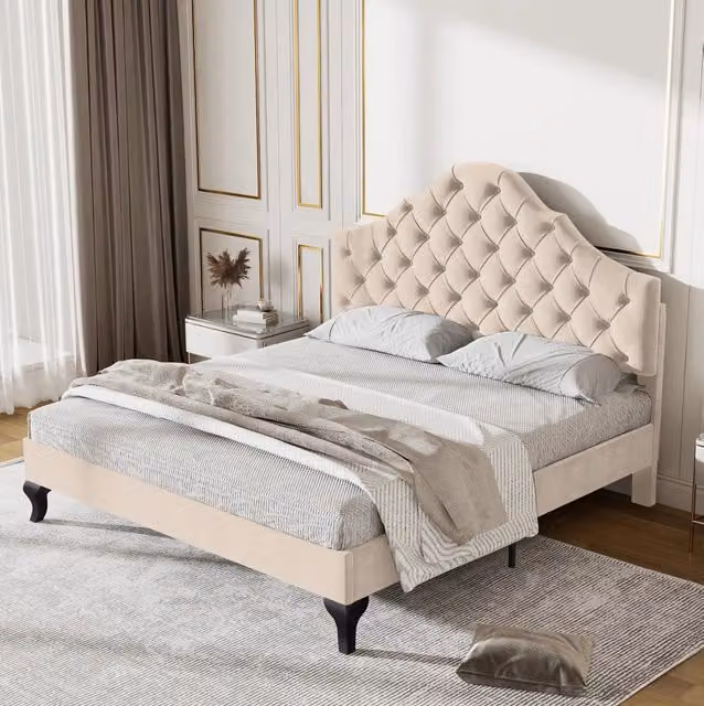 Letto imbottito 140 x 190 cm con testiera regolabile; rete a doghe in legno; velluto bianco sporco