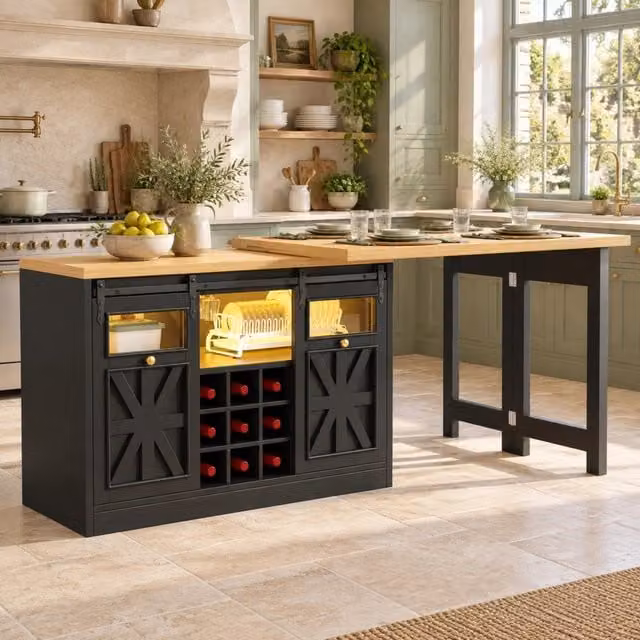 Isola cucina con credenza e tavolo estraibile girevole 120-197 x 40 x 72 cm MDF vetro nero