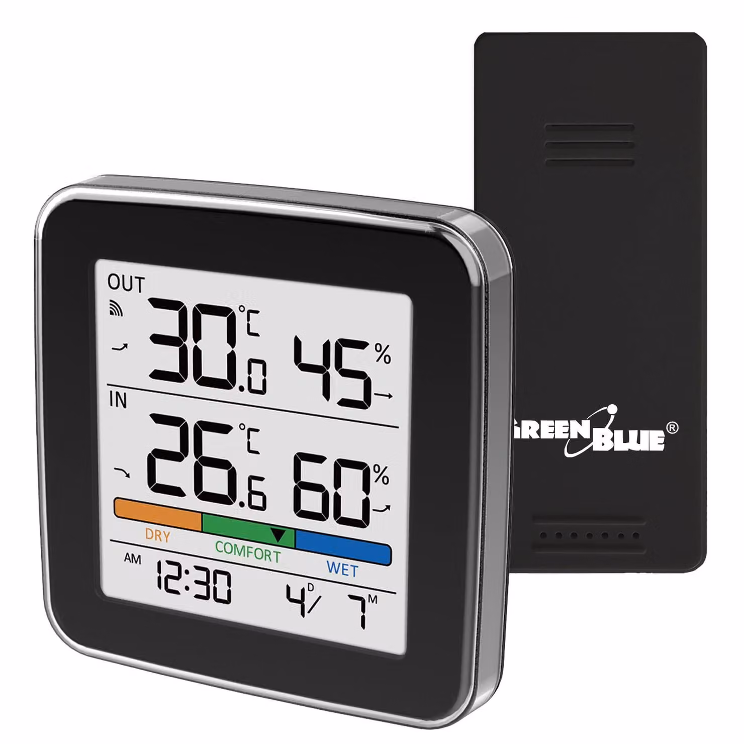 Stazione meteorologica GreenBlue Funk: temperatura e umidità (interno/esterno), orologio, sveglia e data. Misura in °C o °F. Portata fino a 60 metri. Colore: nero. Modello: GB169 B