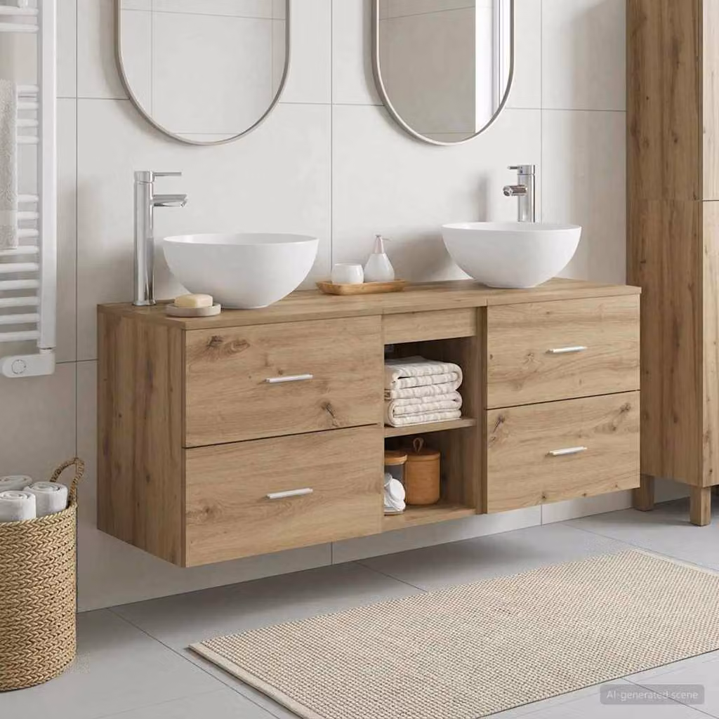 Set di mobili da bagno moderni vidaXL in legno rovere marrone, composto da 3 pezzi con base lavabo e pensili a parete
