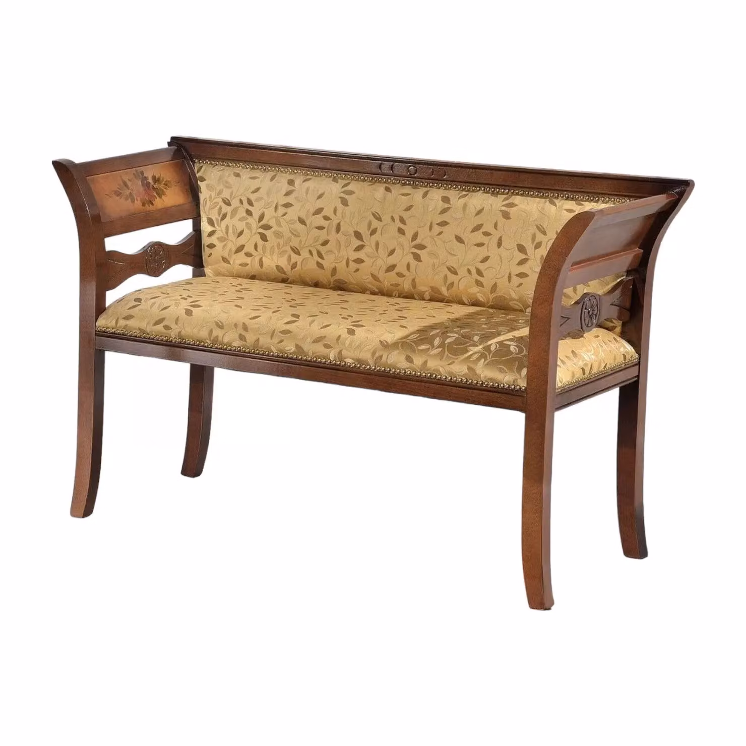 Divanetto imbottito in legno di faggio intagliato con fregi floreali gialli Mobili 2G L: 116 cm, P: 45 cm, H: 77 cm – 2