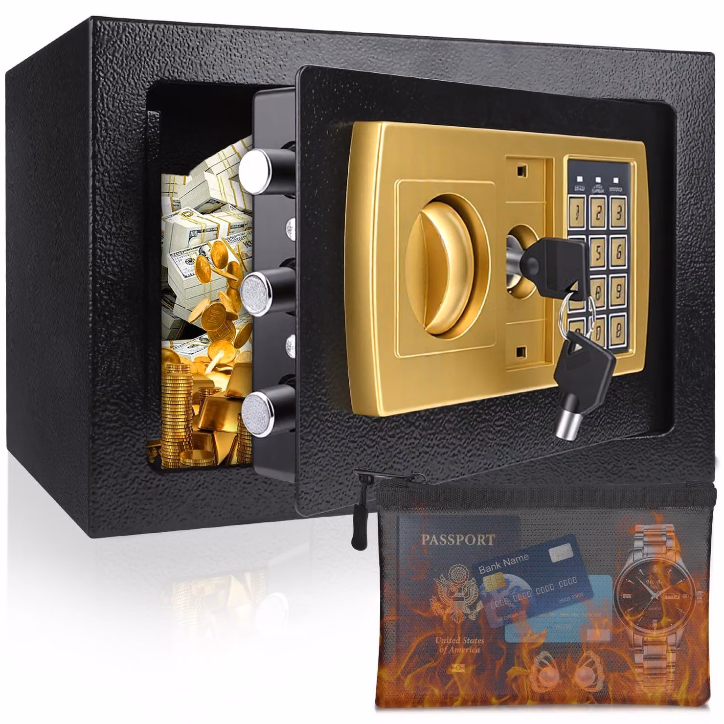 Kluis elettronica con combinazione - Capacità: 12 litri - Materiale: ferro - Colore: oro - Adatta per uso domestico e per l'ufficio