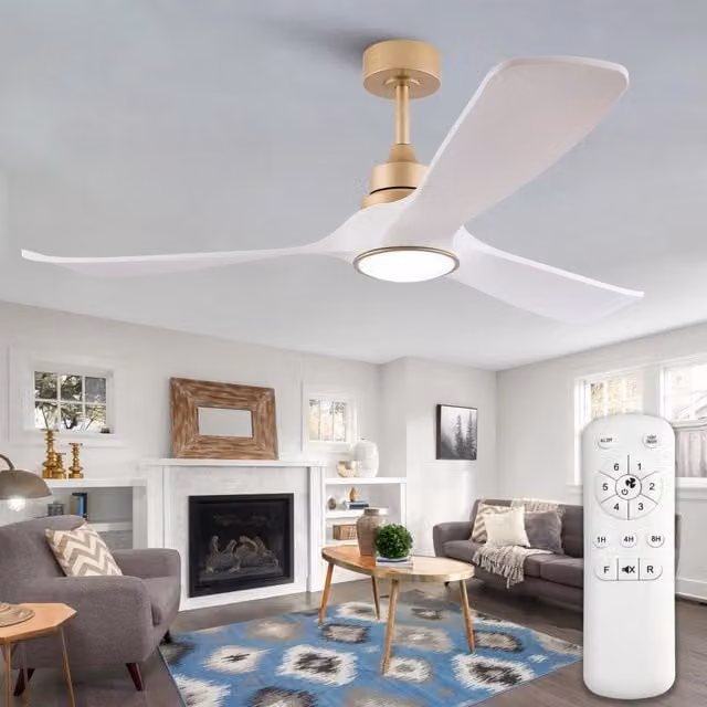 Ventilatore da soffitto con luce e telecomando, 3 pale in ABS oro e bianco