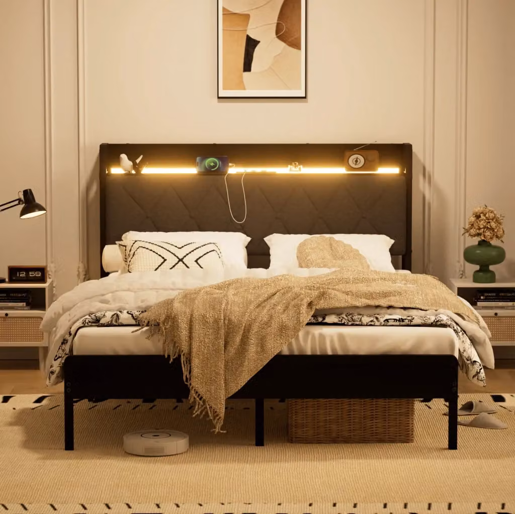 Letto matrimoniale imbottito MODFU con illuminazione LED, porte USB e vano contenitore, nero e grigio, L/P: 140 x 190 cm – 2