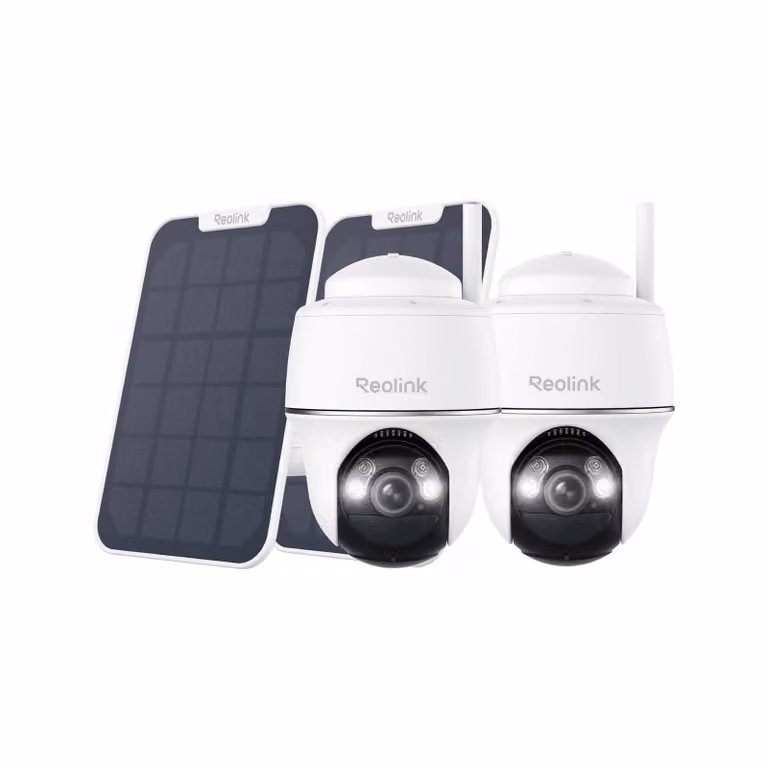 Reolink Argus PT+Pannello solare, telecamera di sorveglianza per esterni 2K+ 5MP a batteria PT, WiFi 2,4/5GHz, Pan&Tilt, visione notturna a colori, rilevamento persone/veicoli, 2 Pack