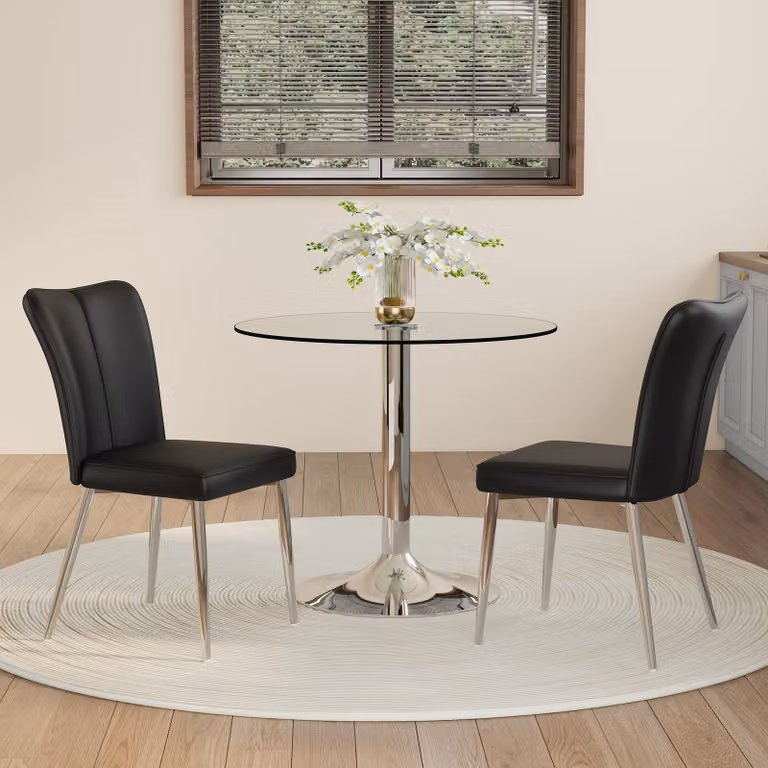 Set tavolo da pranzo, tavolo in vetro diametro 85 cm, 2 sedie in poliuretano, gambe argentate (colore nero e argento)