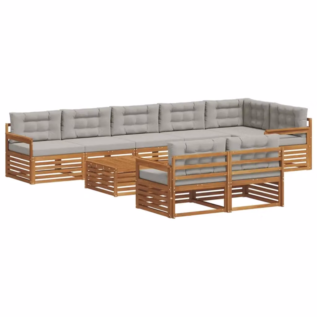 Set di divani da esterno vidaXL a forma di L in legno di acacia con cuscini e tavolino da caffè, Grigio, 9 pezzi – 2
