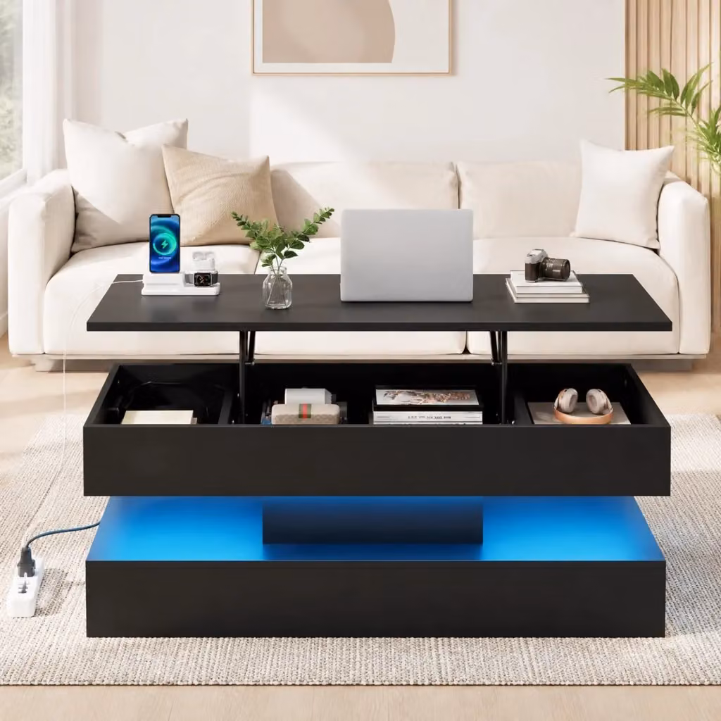 Tavolino da salotto MODFU sollevabile con LED, vano contenitore e prese EU, nero, L 100 cm x P 50 cm x H 42 cm – 2