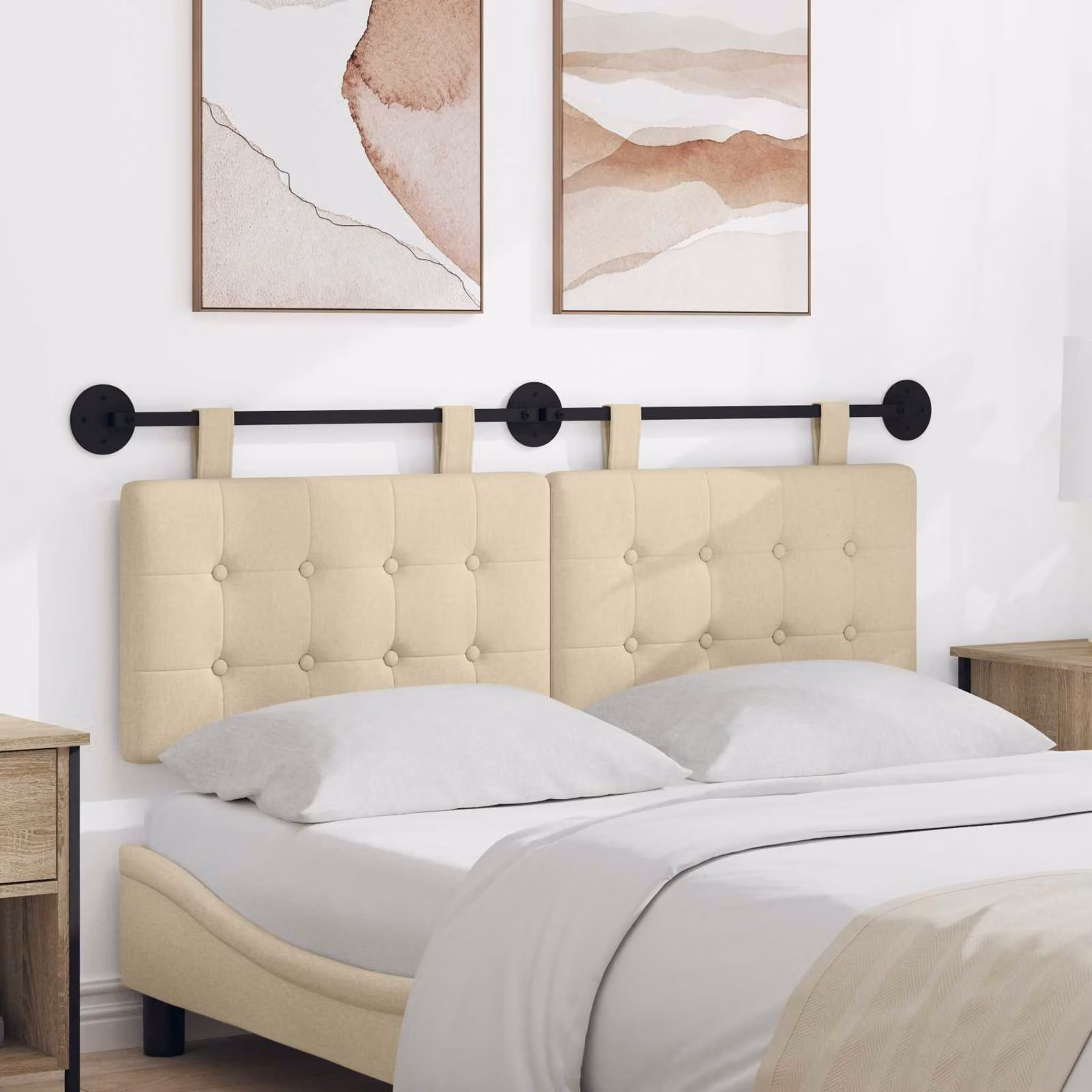 Testiera sospesa moderna vidaXL in tessuto beige con pannello imbottito L: 130 cm, H: 55 cm, P: 5 cm