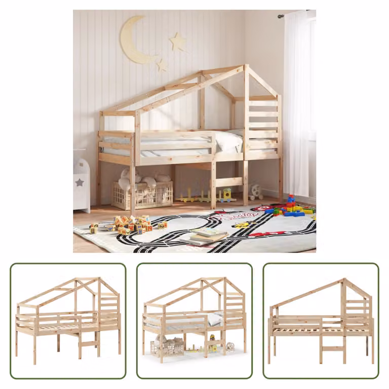 The Living Store Letto a soppalco con tetto 90x190 cm in legno di pino massiccio