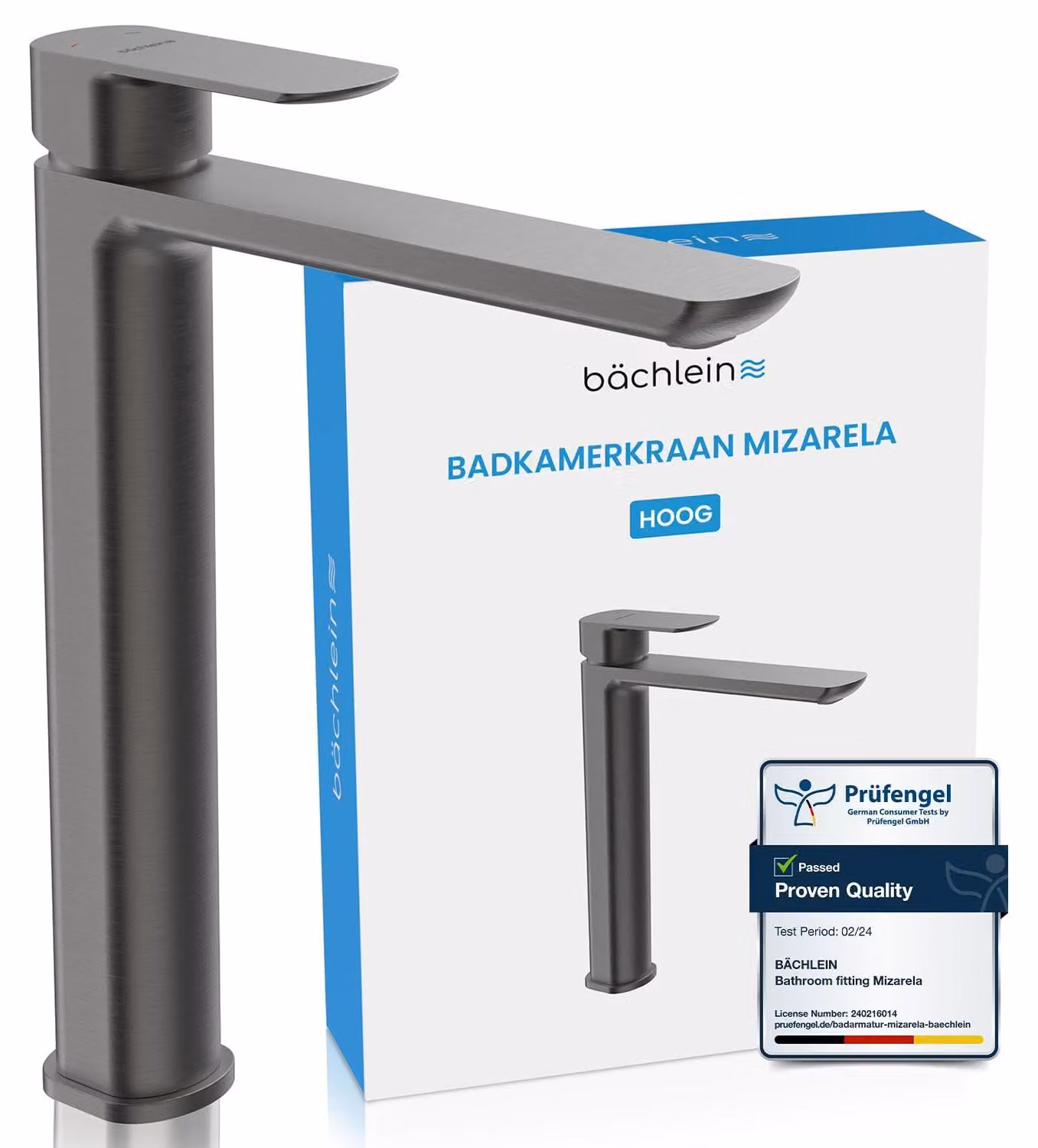 Miscelatore monocomando per lavabo da appoggio, colore antracite, con beccuccio piatto
