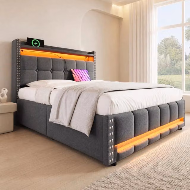 Letto imbottito matrimoniale 140x200 cm con LED; USB; testiera con ripiani e cassetti