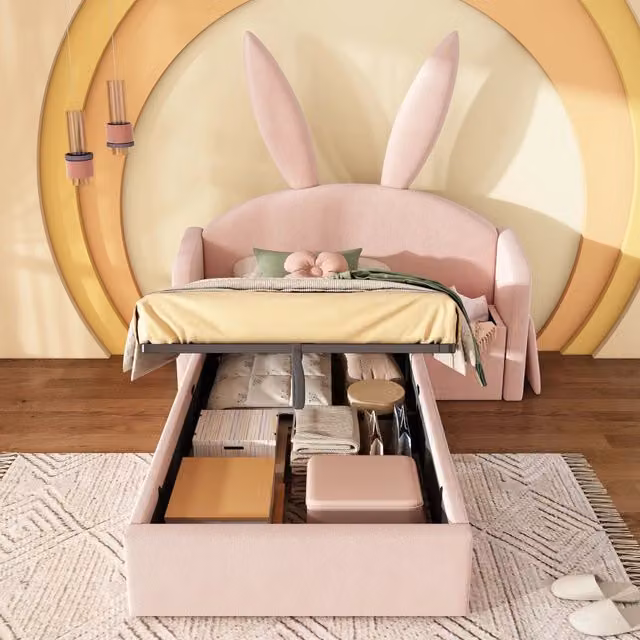 Letto per bambini OKWISH in velluto rosa con testiera imbottita a orecchie di coniglio e contenitore laterale, L/P/H: 90 x 200 x 149 cm