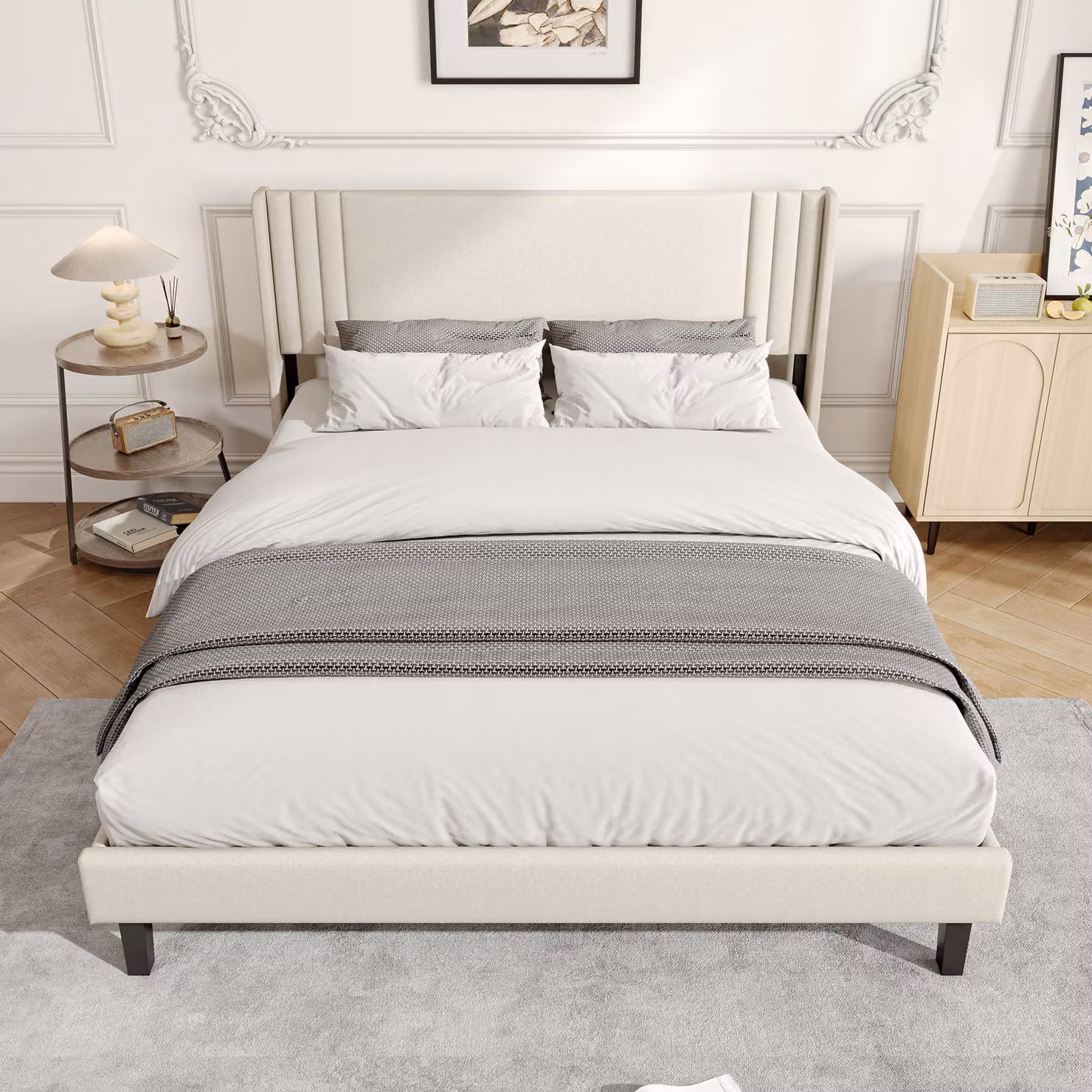 UnboxG Letto imbottito 140x200 cm Beige in tessuto di lino, letto matrimoniale con testiera imbottita, letto da camera moderno