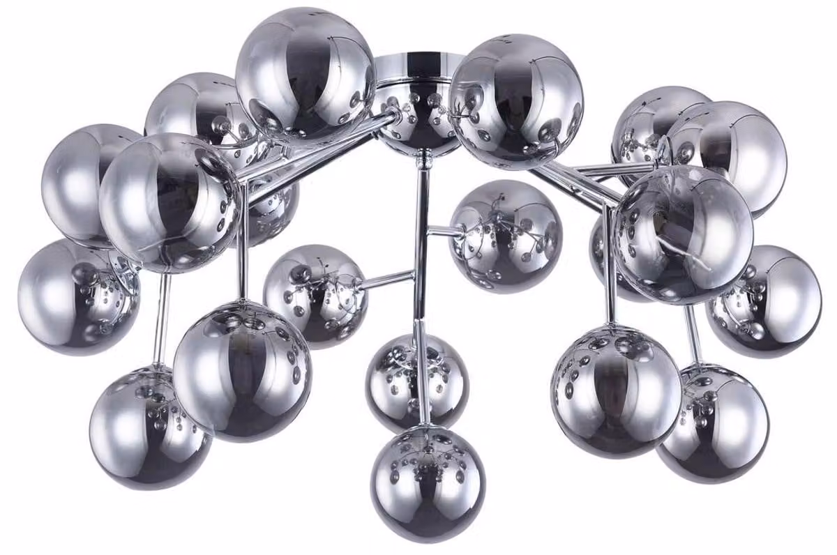 Lampada a sospensione Casa Padrino, finitura argento, diametro 75 cm, altezza 25 cm. Lampada da soffitto moderna con 20 diffusori sferici in vetro