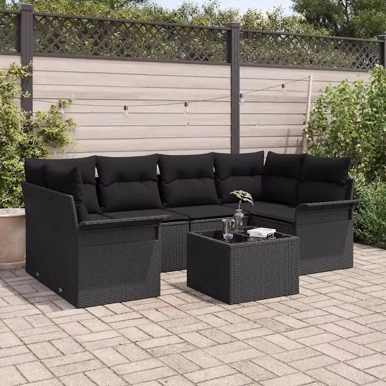 Set Divano da Giardino a L vidaXL 7 Pezzi Nero con Tavolino e Cuscini in Polyrattan e Acciaio
