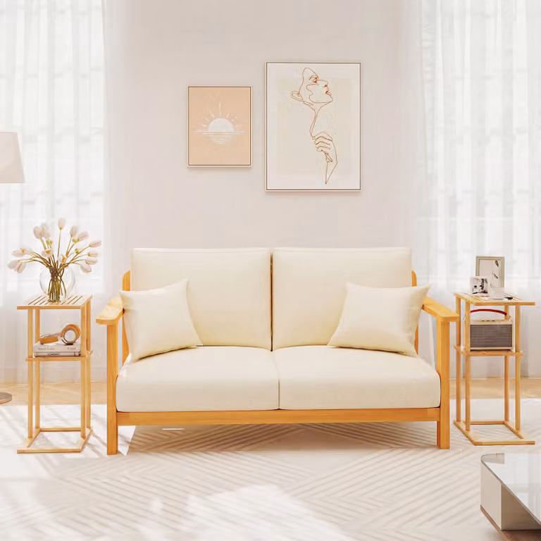 Set di 2 tavolini laterali Costway in bambù con ripiani portaoggetti, design moderno per salotto e camera da letto, colore beige e marrone