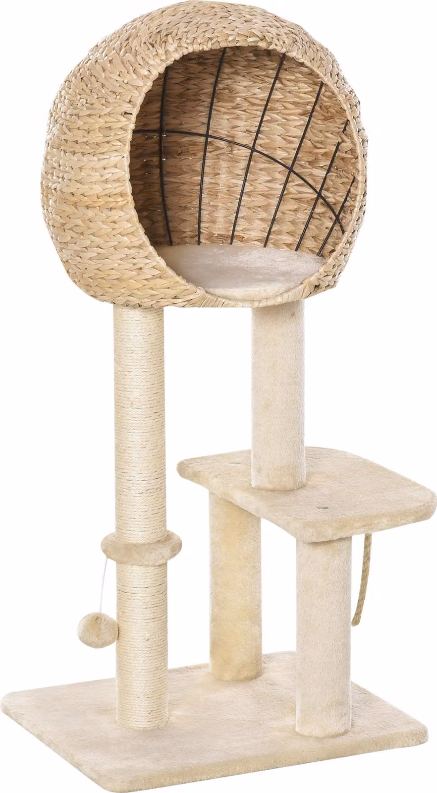 Albero per gatti Moonbite, 100 cm, con cuccia, pali in sisal, aree di riposo e giocattolo a forma di palla, rivestito in peluche morbido da 220 g/m², adatto a gatti fino a 5 kg, realizzato con pannello MDF, colore beige