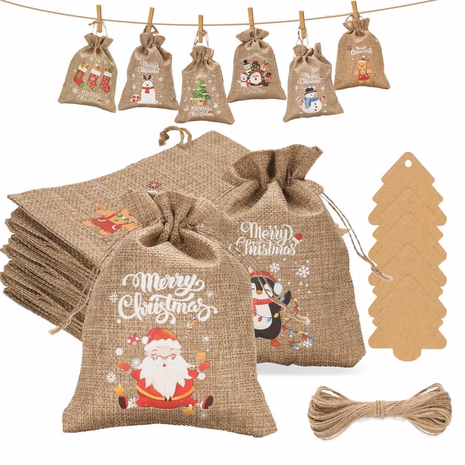 Calendario dell'Avvento con 24 sacchetti in iuta, dimensioni 10x15 cm, con ciondolo e corda