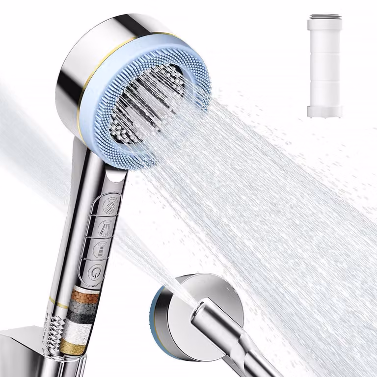 Rubinetto da doccia a risparmio idrico con filtro, 4 tipi di getto, alta pressione, spazzola massaggiante, cromato in ABS