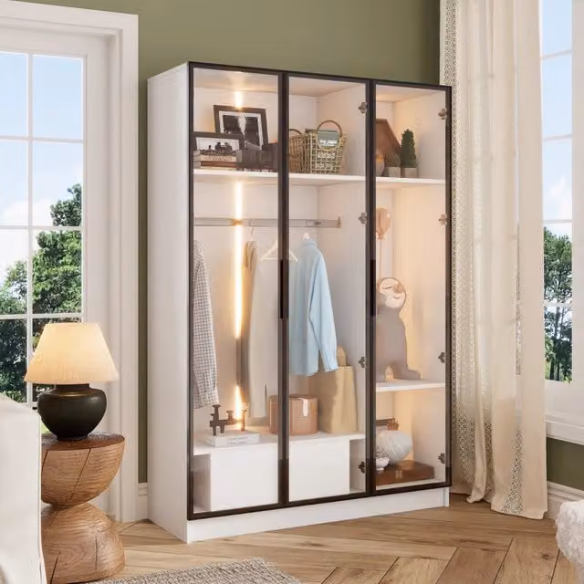 Armadio guardaroba Elvmi bianco con 3 ante in vetro trasparente, illuminazione LED, cassetti interni e barra appendiabiti, L/P/H: 110 x 50 x 160 cm