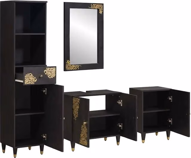 Set di Armadi da Bagno | Armadio da bagno 4 pz Nero Legno di mango massello