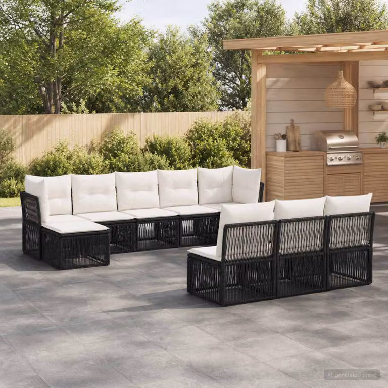 Set Divano da Giardino vidaXL 10 Pezzi a Forma di L in Polyrattan Nero con Cuscini e Struttura in Acciaio Verniciato a Polvere