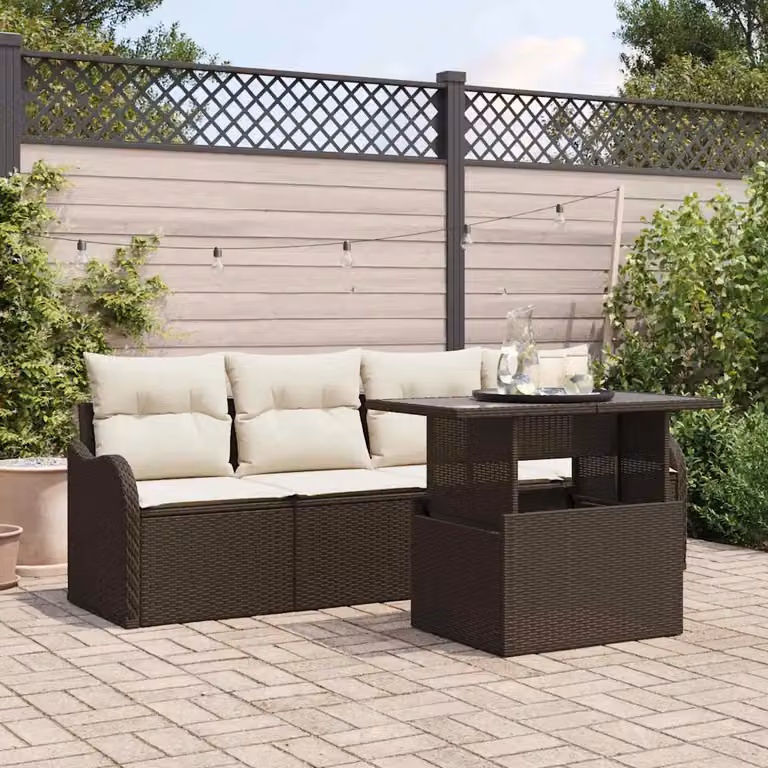 Set Divano da Giardino a L vidaXL 5 Pezzi con Tavolino e Cuscini Marrone e Bianco